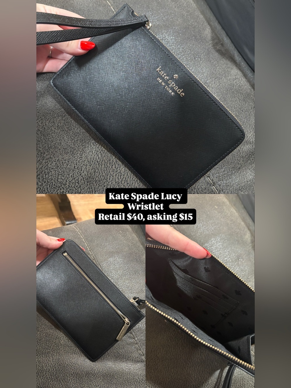 kate spade Black Saffiano Leather Wristlet with Gold Logo